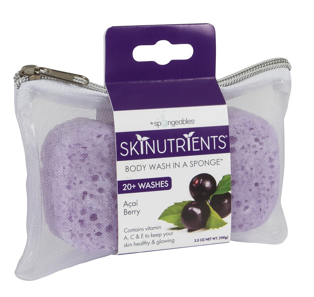 Spongeables Skinutrients Moisturizing Body Wash in a Sponge, Açai Berry, With Bonus Travel Bag, Paraben and Cruelty-Free, Purple, 20+ Washes, Pack of 3